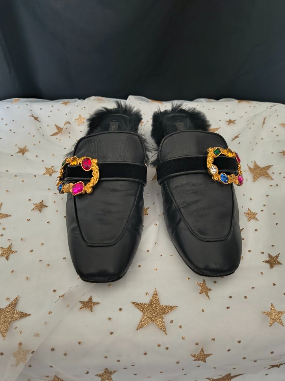 CASADEI Italian Black Leather Jewel Buckle Fur Fur-Lined Mules Loafers - 38.5